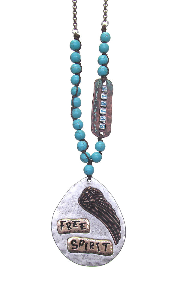 TEARDROP PENDANT AND TURQUOISE BEAD CHAIN LONG NECKLACE - FREE SPIRIT