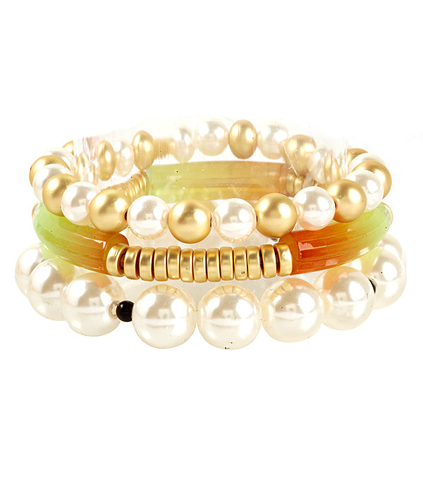 PEARL AND MIXED BEAD AND ACRYLIC TUBE 3 STRETCH BRACELET SET