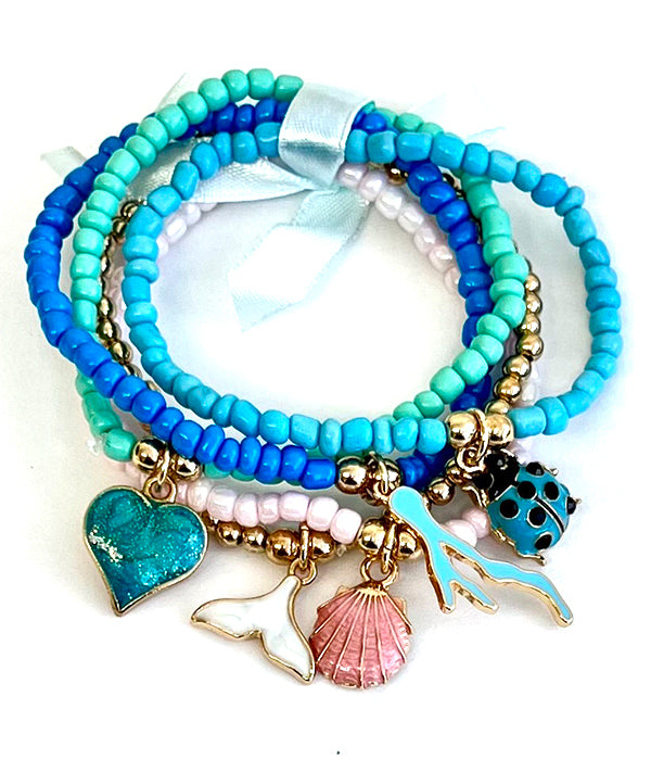 MULTI CHARM AND SEED BEAD STACKABLESTRETCH BRACELET -LADYBUG HEART