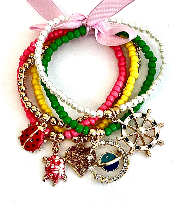 MULTI CHARM AND SEED BEAD STACKABLESTRETCH BRACELET - WHEEL EVIL EYE;