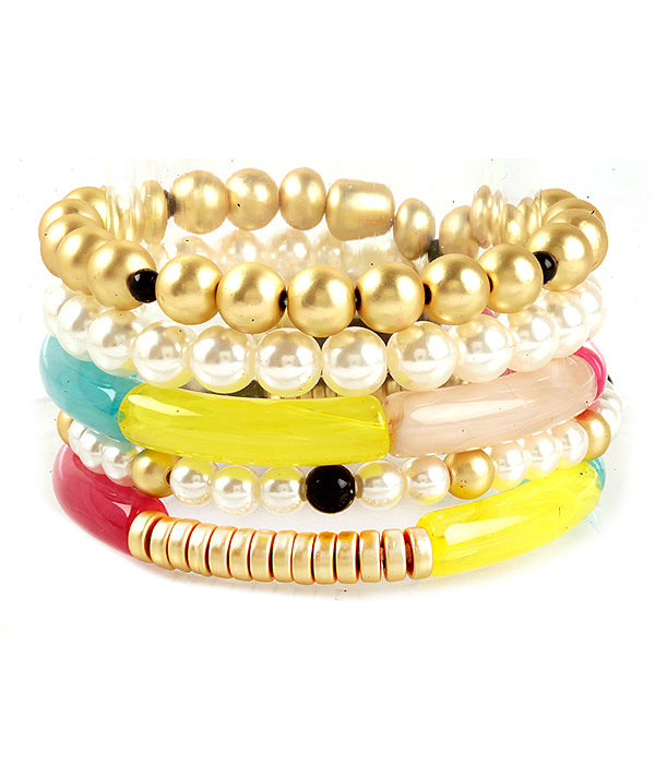 PEARL AND MIXED BEAD AND ACRYLIC TUBE 4 STRETCH BRACELET SET