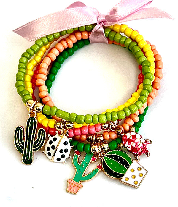 MULTI CHARM AND SEED BEAD STACKABLESTRETCH BRACELET - CACTUS TURTLES