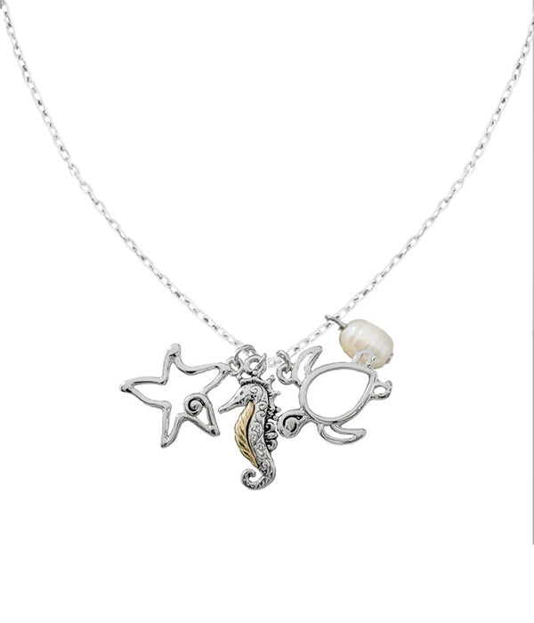 SEALIFE THEME MULTI CHARM NECKLACE - STARFISH SEAHORSE TURTLE