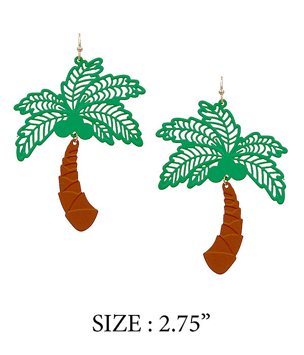 TROPICAL THEME LASER CUT PAPER THIN METAL FILIGREE EARRING - PALM TREE