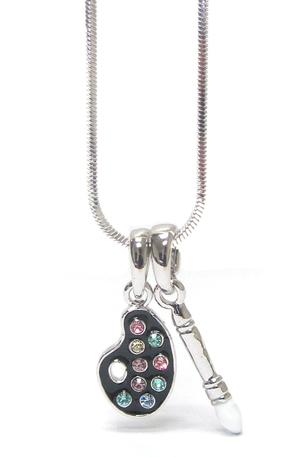 MADE IN KOREA WHITEGOLD PLATING CRYSTAL ART THEME PAINT BRUSH AND PALLET PENDANT NECKLACE