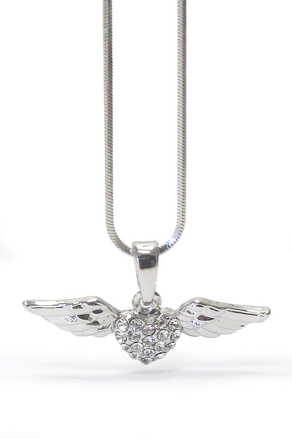 MADE IN KOREA WHITEGOLD PLATING CRYSTAL HEART AND WING PENDANT NECKLACE