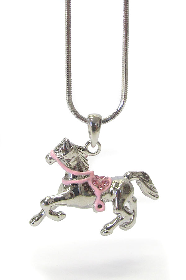 MADE IN KOREA WHITEGOLD PLATING CRYSTAL HORSE PENDANT NECKLACE