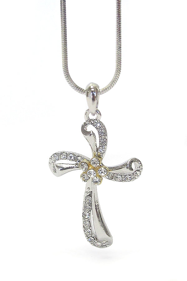 MADE IN KOREA WHITEGOLD PLATING CRYSTAL CROSS PENDANT NECKLACE