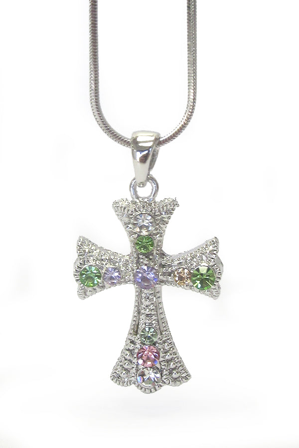 MADE IN KOREA WHITEGOLD PLATING CRYSTAL CROSS PENDANT NECKLACE