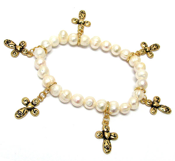 MULTI CROSS CHARM AND GENUINE FRESH WATER PEARL BEAD STRETCH BRACELET