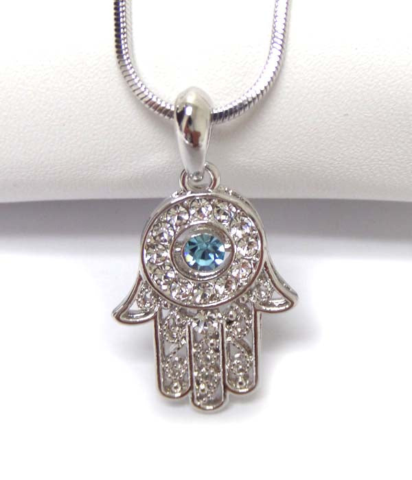 MADE IN KOREA WHITEGOLD PLATING CRYSTAL HAMSA HAND PENDANT NECKLACE