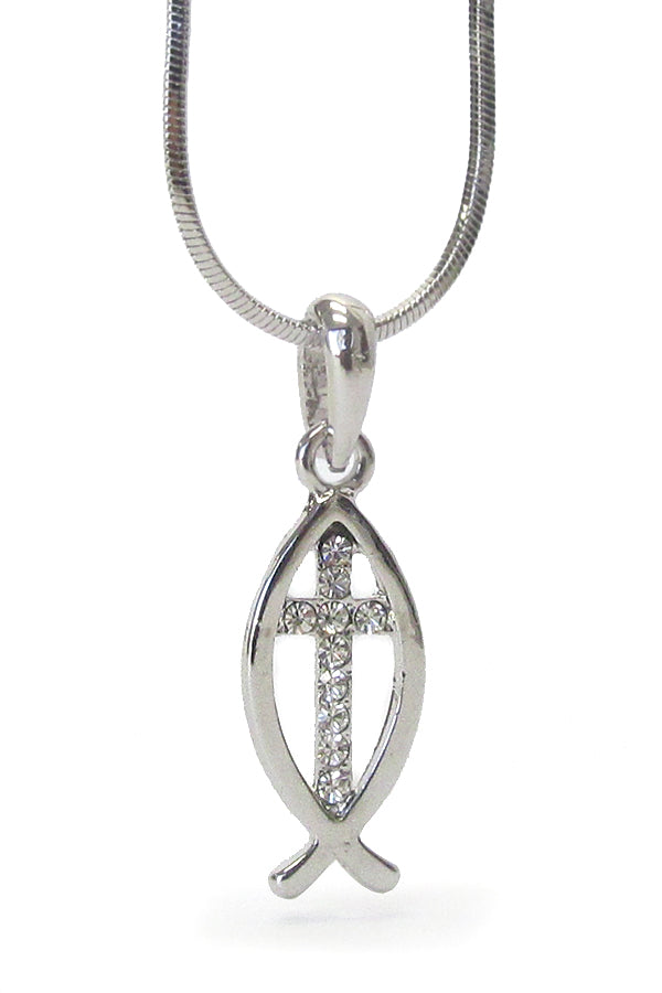 MADE IN KOREA WHITEGOLD PLATING CRYSTAL CHRISTIAN FISH AND CROSS PENDANT NECKLACE