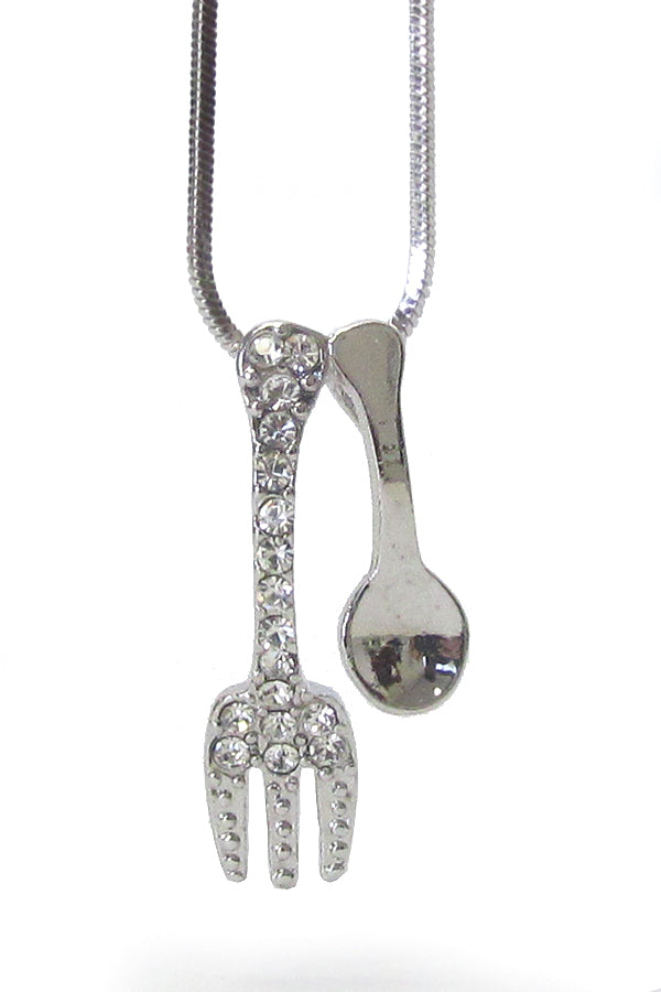 MADE IN KOREA WHITEGOLD PLATING CRYSTAL SPOON FORK PENDANT NECKLACE