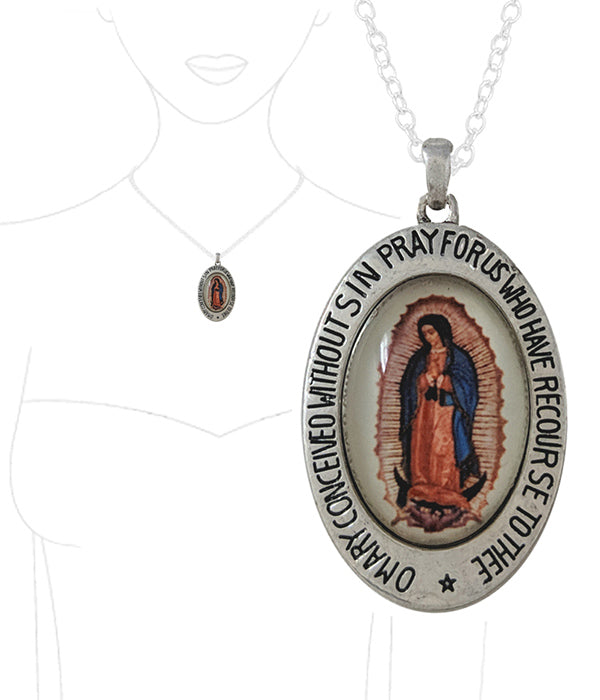 RELIGIOUS THEME OVAL CABOCHON PENDANT NEC KLACE - GUADALUPE