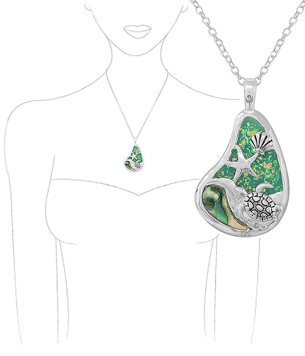 SEALIFE THEME OPAL AND ABALONE MIX PENDANT NECKLACE - TURTLE STARFISH