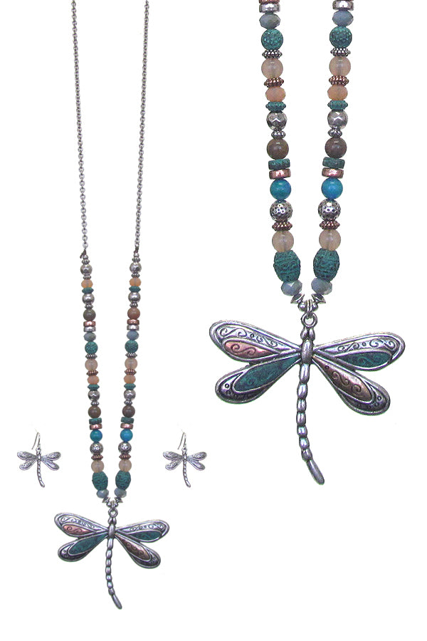 DRAGONFLY PENDANT AND MULTI BEAD CHAIN LONG NECKLACE SET