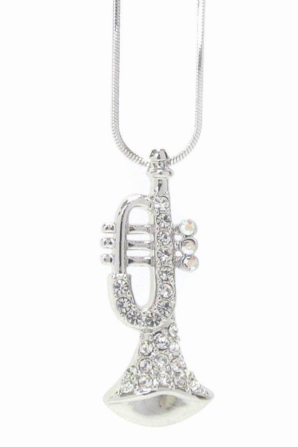 MADE IN KOREA WHITEGOLD PLATING CRYSTAL TRUMPET PENDANT NECKLACE