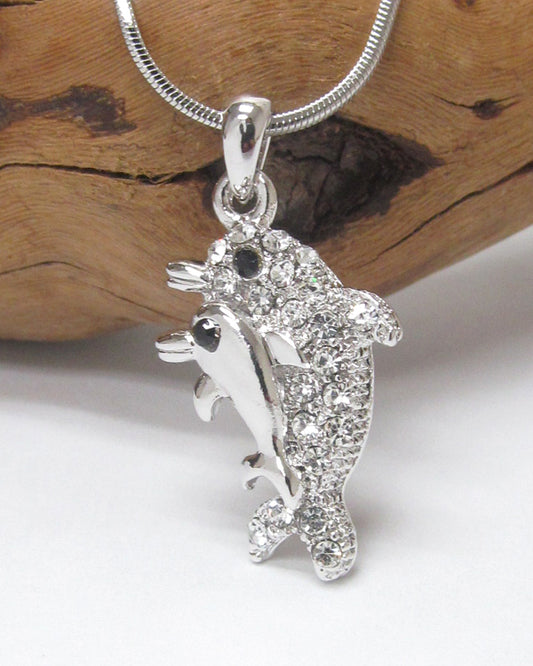 MADE IN KOREA WHITEGOLD PLATING CRYSTAL DOLPHIN PENDANT NECKLACE