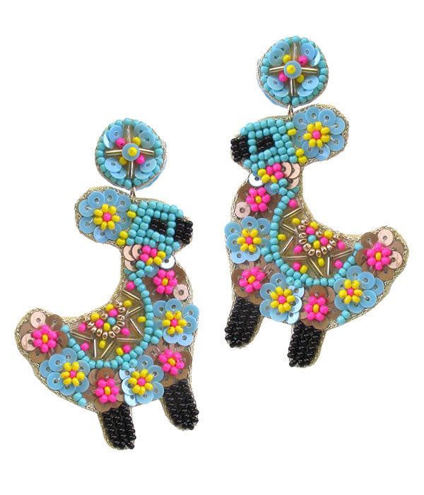 HANDMADE MULTI SEEDBEAD AND SEQUIN LLAMA EARRING