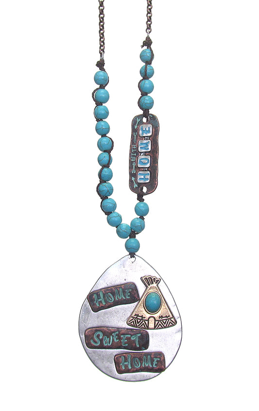 TEARDROP PENDANT AND TURQUOISE BEAD CHAIN LONG  NECKLACE - HOME SWEET HOME