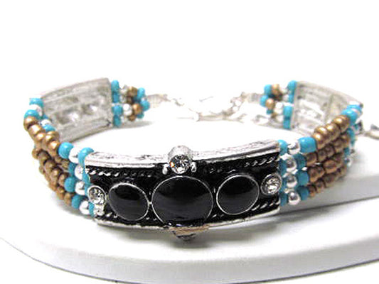 CRYSTAL AND ACRYL ROUND STONE MULTI SEED BEADS NATIVE TRIBAL DESIGN MULTI CHAIN BRACELET