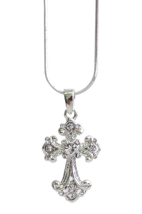 MADE IN KOREA WHITEGOLD PLATING CRYSTAL CROSS PENDANT NECKLACE