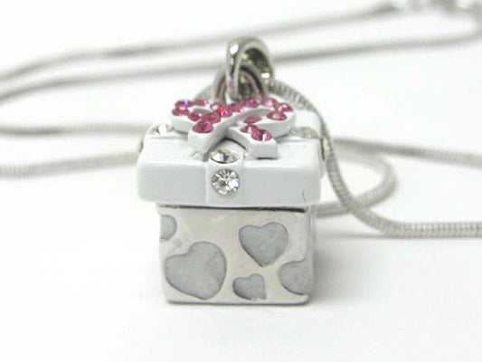 MADE IN KOREA WHITEGOLD PLATING AND METAL EPOXY CRYSTAL STUD MINIATURE GIFT BOX PENDANT NECKLACE