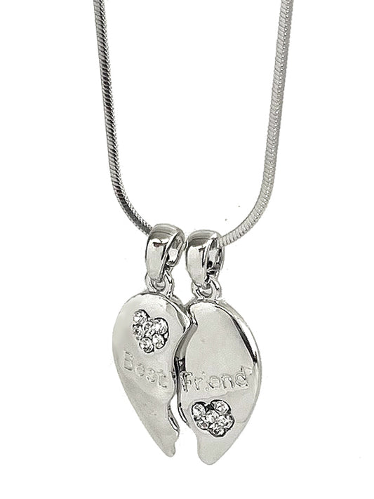 MADE IN KOREA WHITEGOLD PLATING CRYSTAL SEPARATE BEST FRIEND HEART DOUBLE PENDANT NECKLACE