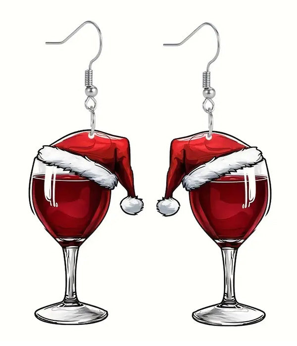 CHRISTMAS WINE GLASS AND SANTA HAT ACRYL EARRING