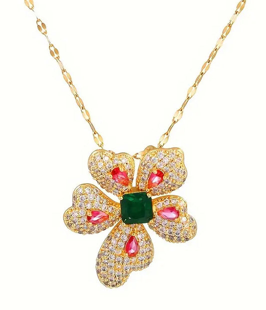 MULTI STONE MIX FLOWER PENDANT NECKLACE
