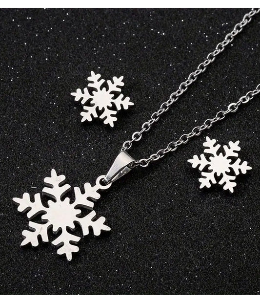 STAINLESS STEEL SNOWFLAKE NECKLACE EARRING SET