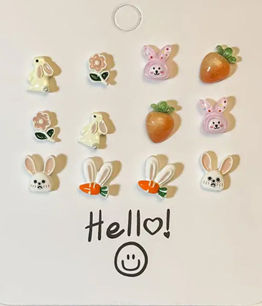 RABBIT CARROT FLOWER 6 PAIR EARRING SET