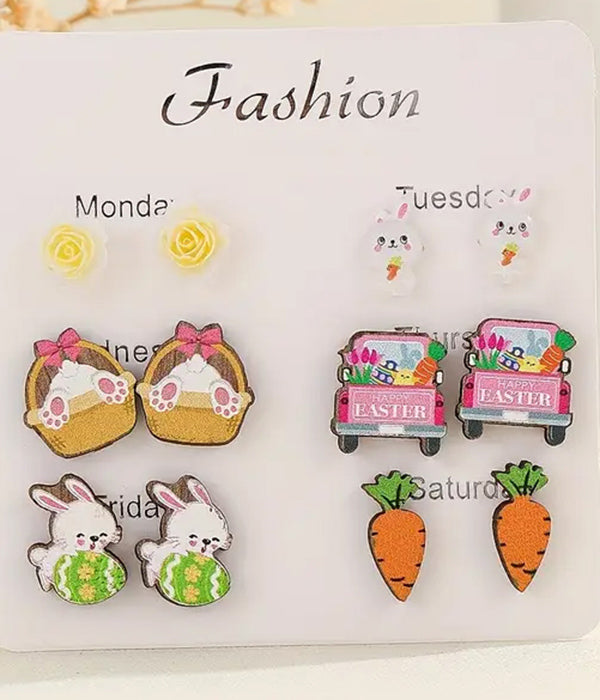EASTER THEME 6 PAIR WOOD EARRING SET
