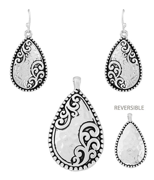 DESIGNER TEXTURED REVERSIBLE TEARDROP PENDANT AND EARRING SET