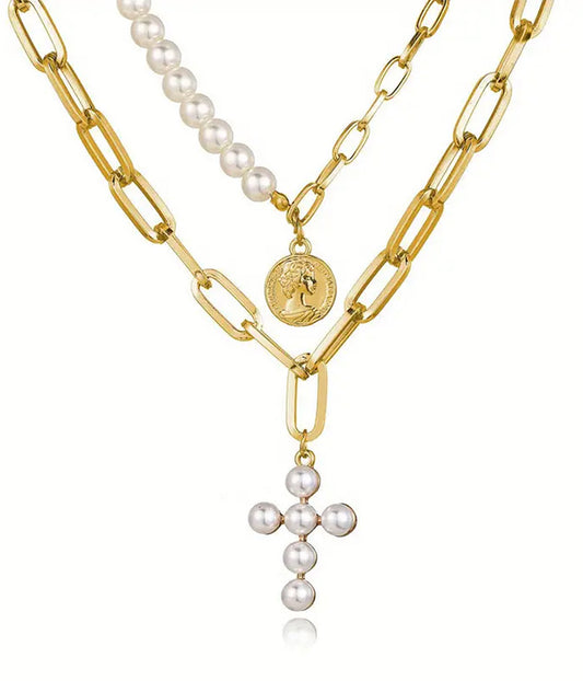 PEARL CROSS AND COIN PENDANT DOUBLE LAYER NECKLACE