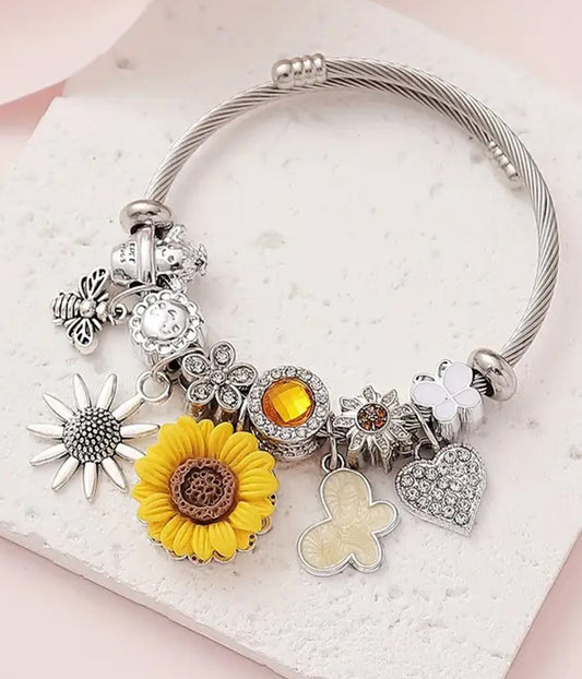GARDEN THEME STAINLESS STEEL MULTI CHARM BANGLE BRACELET - SUNFLOWER