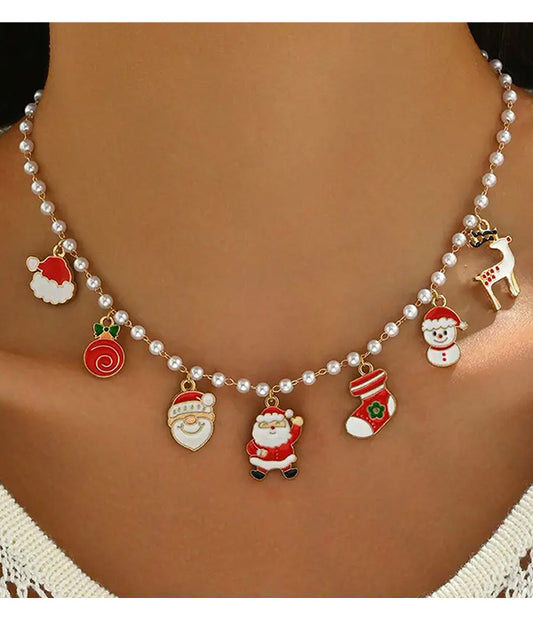 CHRISTMAS THEME MULTI CHARM PEARL CHAIN NECKLACE