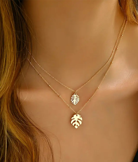 DOUBLE LAYER GIANT LEAF PENDANT NECKLACE