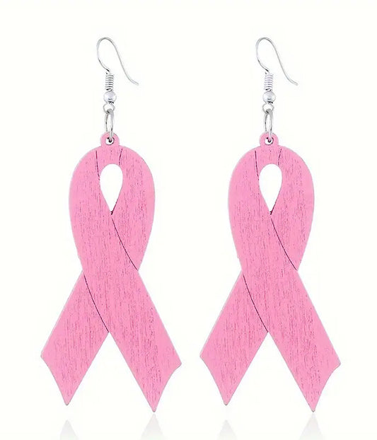 BREAST CANCER THEME PINK RIBBON WOOD EARRING