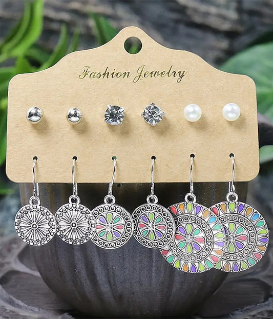 ETHNIC STYLE METAL FILIGREE 6 PAIR EARRING SET