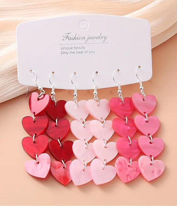 VALENTINE THEME 3 PAIR ACRYLIC HEART DROP EARRING