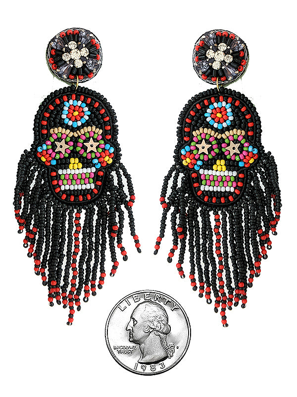 HANDMADE MULTI SEEDBEAD HALLOWEEN THENE SKULL EARRING