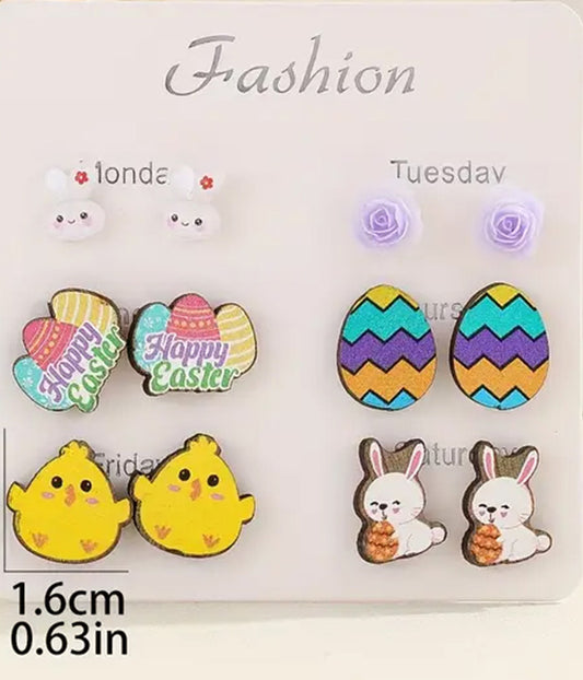 EASTER THEME 6 PAIR WOOD EARRING SET