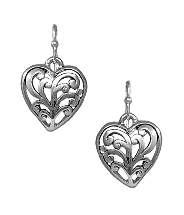 DESIGNER TEXTURED METAL FILIGREE HEART EARRING