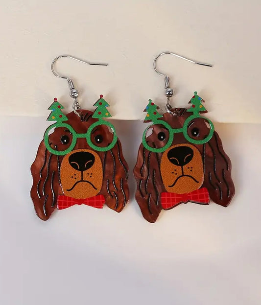 CHRISTMAS THEME DOG AND GLASSES ACRYLIC EARRING