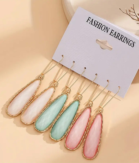3 PAIR GEOMETRIC RESIN TEARDROP EARRING
