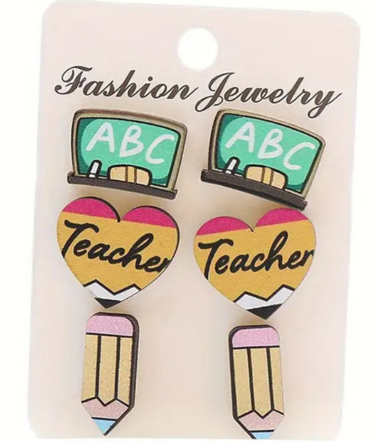 TEACHER THEME 3 PARI WOOD EARRING SET - BLACKBOARD PENCIL