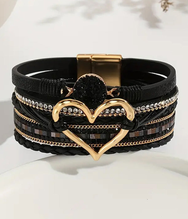 MULTI LAYER LEATHERETTE MAGNETIC BRACELET - HEART
