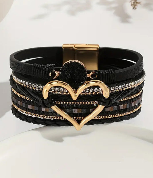 MULTI LAYER LEATHERETTE MAGNETIC BRACELET - HEART