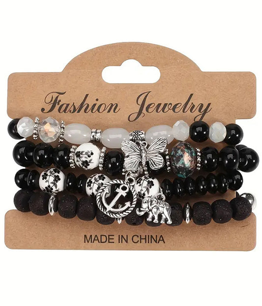 MULTI MIX BEAD STACKABLE 4 STRETCH BRACELET SET - ANCHOR BUTTERFLY ELEPHANT